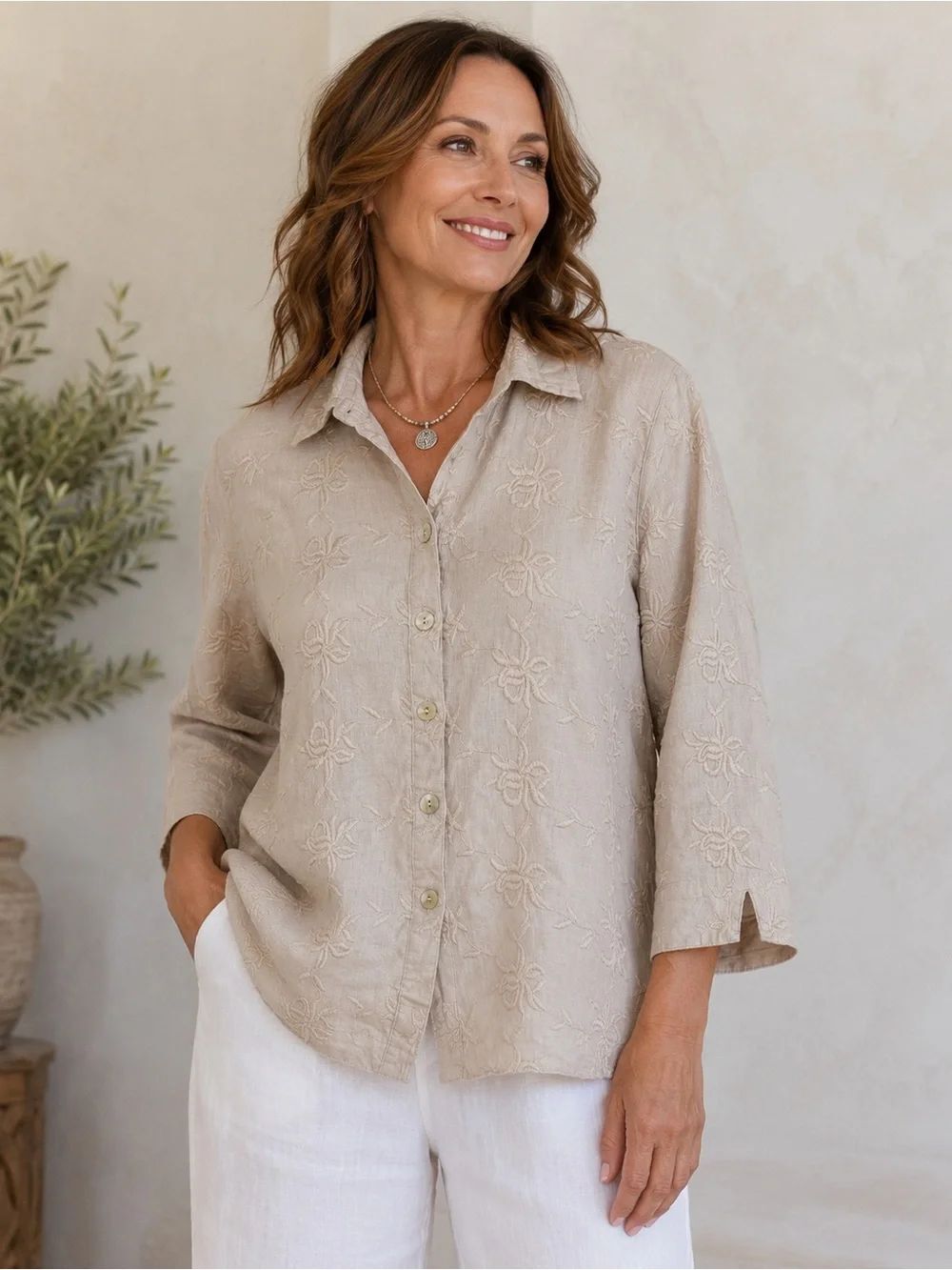 John Mark Beige Embroidered 100% Linen Button Front Tunic Shirt Women’s M Top